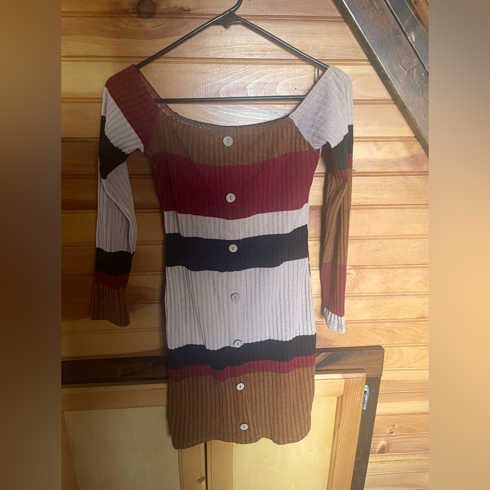 May Pink Sweater Dress Off Shoulder Striped With Buttons Color Block Body Con